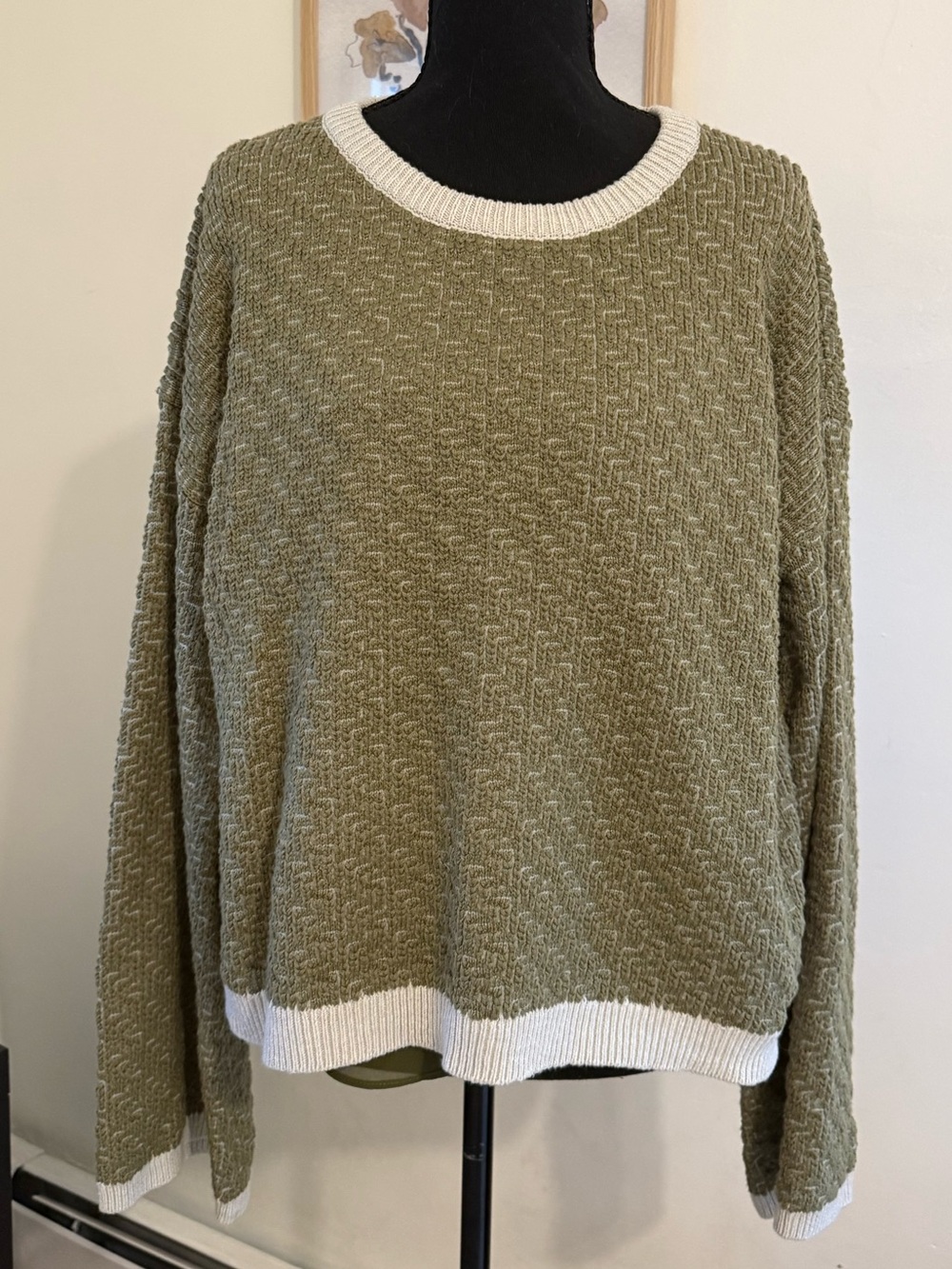 NWT Hem & Thread Olive Green Crewneck Sweater with White Trim